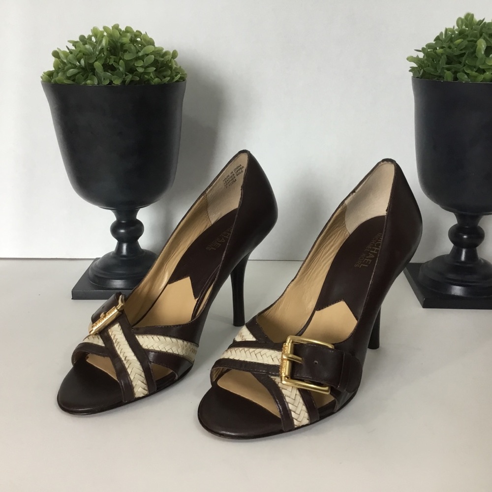 Michael Kors Brown Leather Peep Toe Heels, 7 1/2M